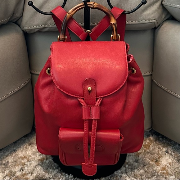GUCCI BAMBOO RED LEATHER MINI BACKPACK GOLD HARDWARE WITH COA